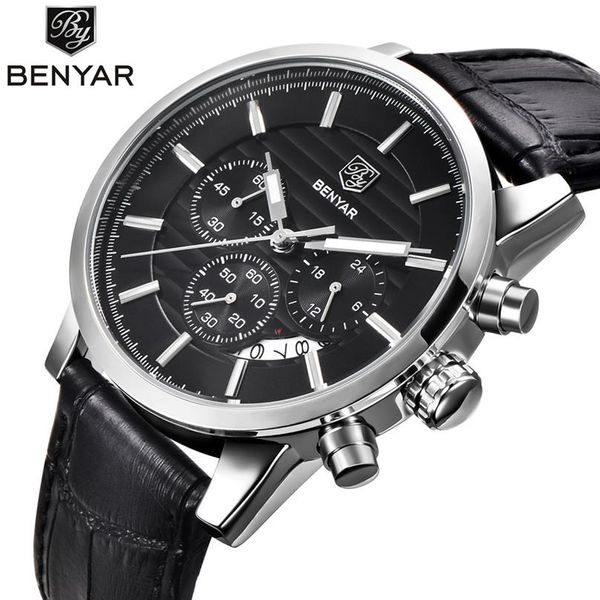 

benyar fashion stainless steel chronograph sports mens watches brand luxury quartz business watch clock relogio masculino273d, Slivery;brown