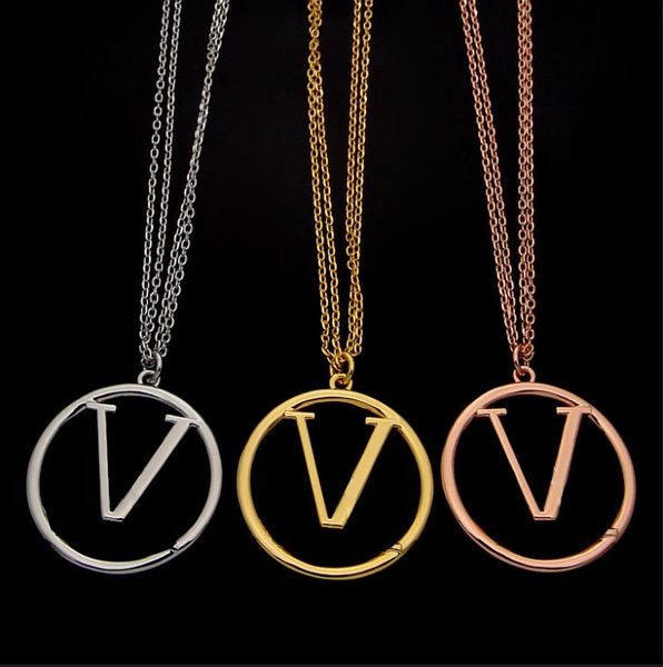 

titanium steel pendant necklace round ring hollow v-letter double layer chain necklaces women's necklace earring set designer jewelry v, Silver