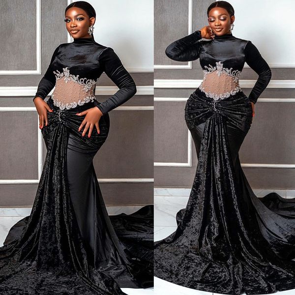 

2023 arabic aso ebi black mermaid prom dresses beaded crystals velvet evening formal party second reception birthday engagement gowns dress