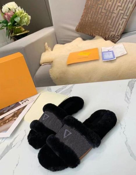 

designer women girls furry slide slipper white wool furry fluff sandals shoes louiss comfortable off barefoot wear flip flop, Black