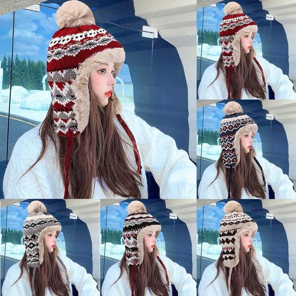

berets berets lady hat autumn winter warm ear windproof ride woolly korean jacquard knit with thick vintage 2023, Blue;gray