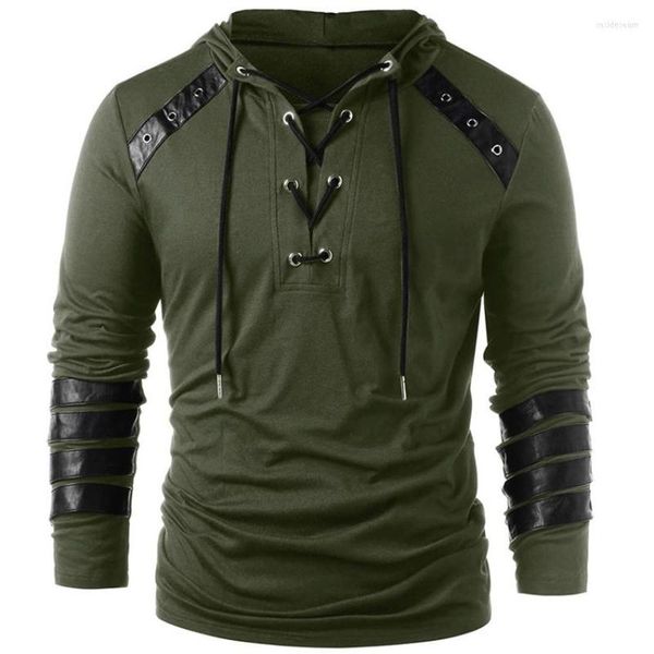 

men's hoodies men hoodie punk pu leather long sleeve lace up black blue streetwear gothic casual hooded sweatshirt spring clothing
