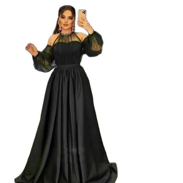 

vintage prom dresses satin black long sleeves tulle evening gowns for arabic celebrity party robe de soiree