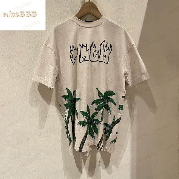 

23ss new t shirt coconut tree skull print pattern apricot cotton loose personality street versatile men women casual, White;black