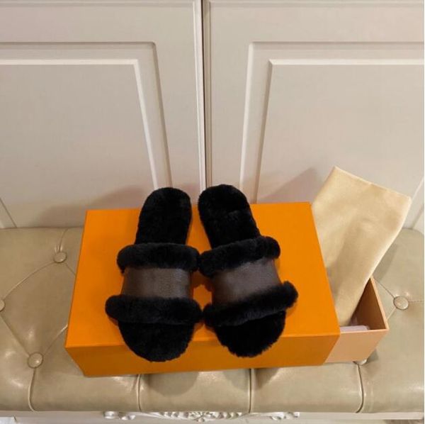 

womens slippers ladies wool slides fur fluffy furry warm letters sandals comfortable fuzzy triangular iron sheet girl flip flop slipper, Black