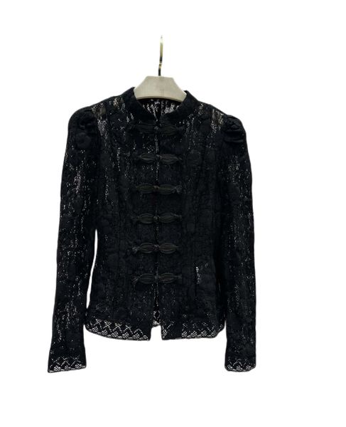 

age reducing bubble shoulder long sleeve perfect waist closing pattern retro chinese disc lace top, White