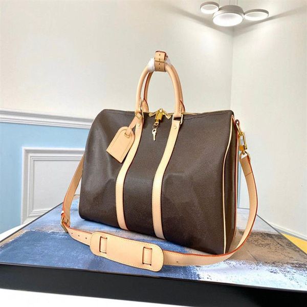 

55cm leather large capacity women travel bags 2021 quality men shoulder duffel bags carry on luggage bottom rivets with lock 169s