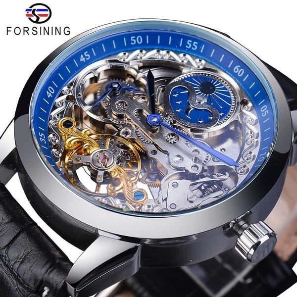

forsining automatic mens watches mechanical black leather strap skeleton fashion clock silver case waterproof business man watch222f, Slivery;brown