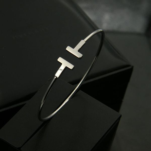 

pulsera mujer new luxury quality fashion women jewelry stainless steel open cuff double t bangle bracelet gold silver rose gold hi2590, Black