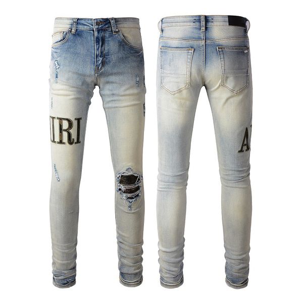 

mens jeans distressed motorcycle biker jean rock skinny slim ripped hole letter uality brand hip hop denim pants 21ss size 28-40 five colors, Blue