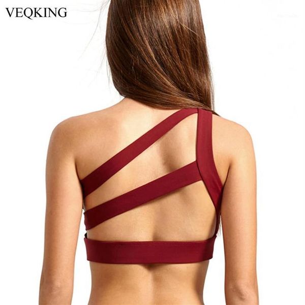 

veqking women oblique one shoulder strap sports bra push up breathable sports cross straps back fitness running yoga bra1311c, White;black
