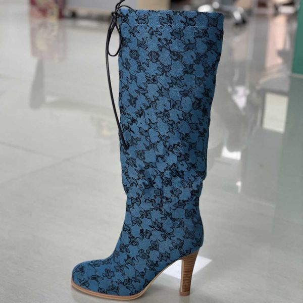 

designer knee boot multicolor canvas boots women fashion interlocking g high heel zipper laces shoe leather stilettos ladies party wedding s, Black