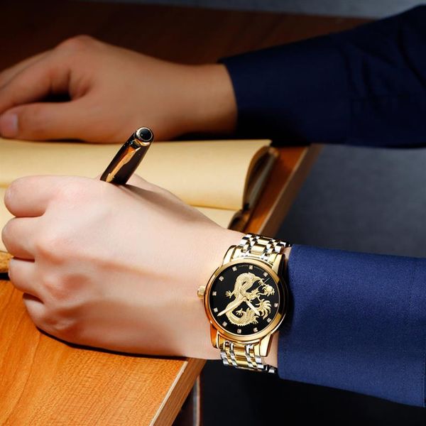 

cwp 2021 relogio masculino guanqin mens watches brand luxury luminous clock gold dragon sculpture stainless steel quartz wrist277c, Slivery;brown