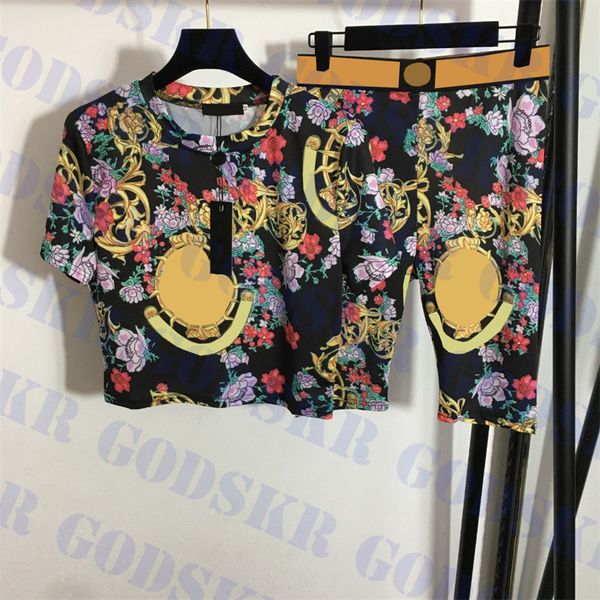 

vintage womens tracksuits yoga clothes floral print t shirt elastic shorts luxury ladies sportswear two piece, Gray