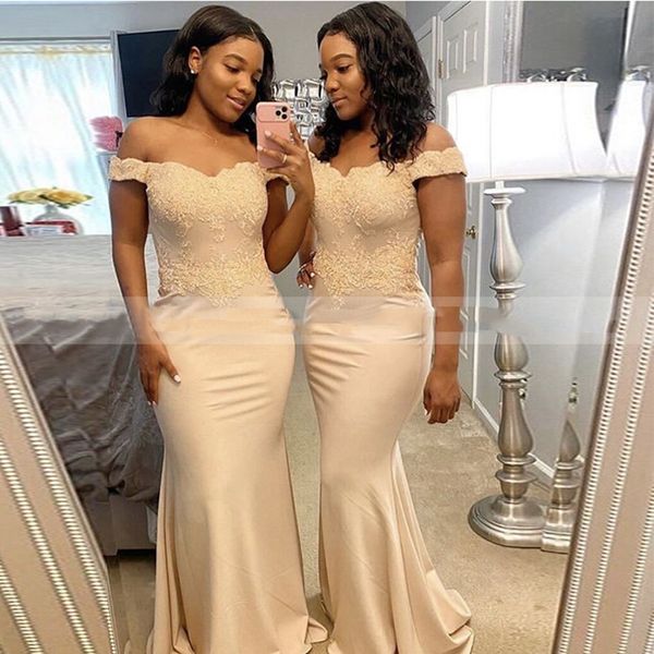 

champagne mermaid bridesmaid dresses off shoulder appliqued long stretch satin wedding party gowns vestido de la dama de honor, White;pink