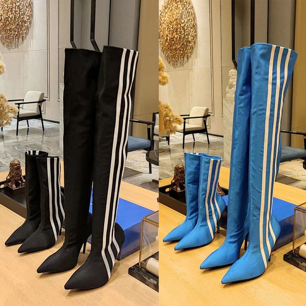 

black knife stiletto heels boots stretch shiny spandex crepe jersey point toes originals x thigh-high boot for women luxury designer shoes f
