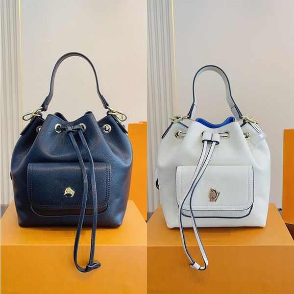 

designers lux black pumping rope bucket bag white grain calfskin strapped handbag medial flat pocket rotating lock catch