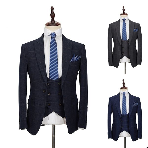 

two pieces wedding tuxedos men suits classical checked stripe modern formal one button customized fit notched lapel three outer pockets brid, Black;gray