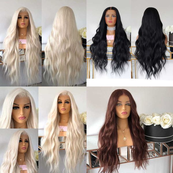 

lace wigs aimeya platinum blonde front for women long natural wave synthetic hair glueless heat resistant fiber part 221216, Black;brown