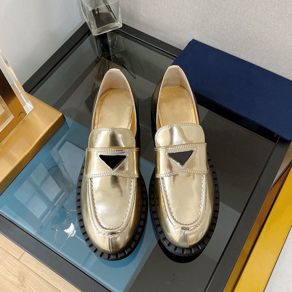 

glitter cowhide lefu shoes triangle logo decoration gold silver women's casual shoes leather formal spring and fall luxury designer fla, Black