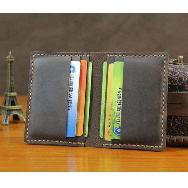 

luxury handmade crazy horse genuine leather card holder vintage slim men business holder cover women cowhide mini wallet black bro254x, Brown;gray
