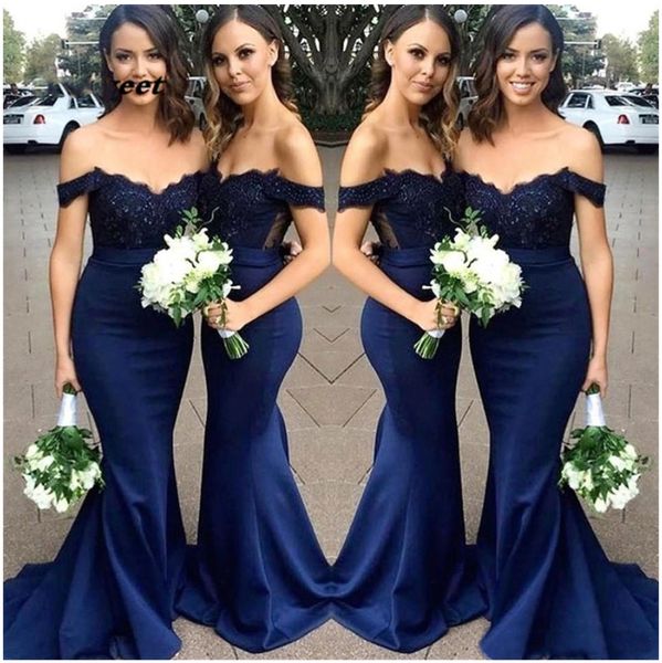 

navy blue mermaid bridesmaid dresses off shoulder chiffon satin garden wedding guest party dresses boho maid of honor prom gowns, White;pink