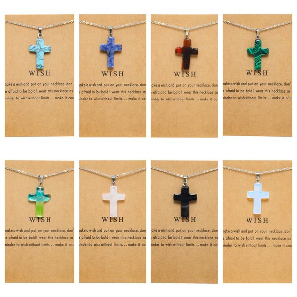

wish card cross stone pendant necklace for jewelry making stainless steel chain for women men gift, Silver