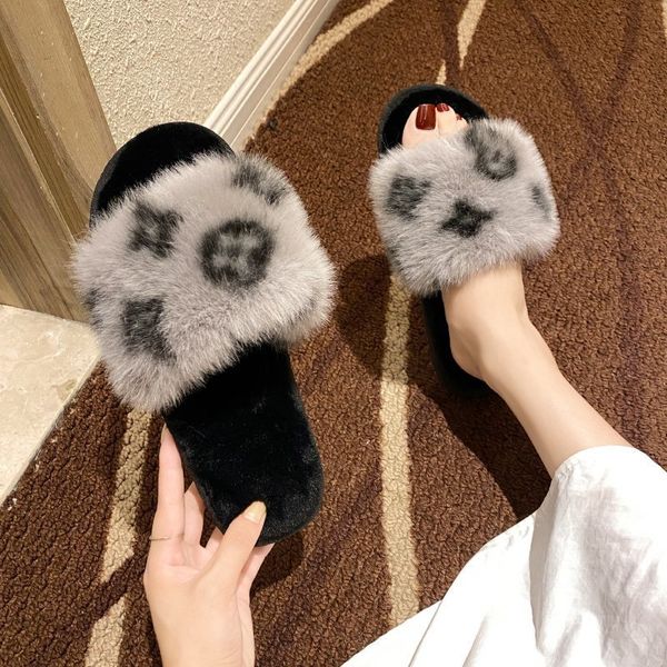

2022 women fashion leopard fur slippers autumn winter anti-slip warm fluffy slides female open toe sandals indoor outdoor shoes, Black