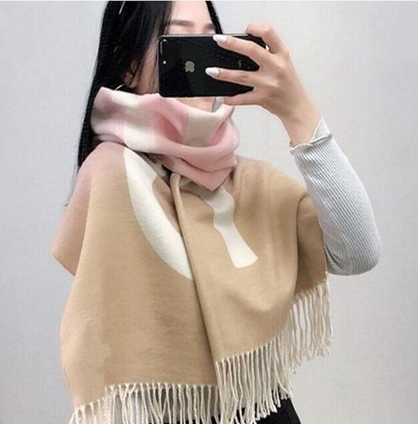 

winter long tassel scarf women's cashmere shawl scarf large letter printing warm soft gradual color wool gift, Blue;gray