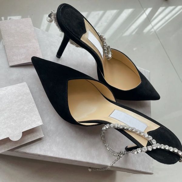 

summer dress shoes woman sandal luxury designer saeda 100mm high heels white stain sandals wedding party shoe pumps pointy toe crystal strap, Black