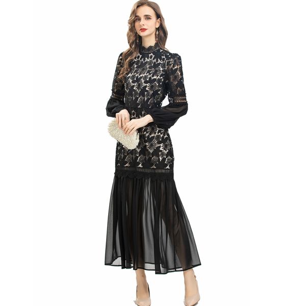 

women's dress o neck long sleeves embroidery lace drop waist ruffles elegant fashion vestidos, Black