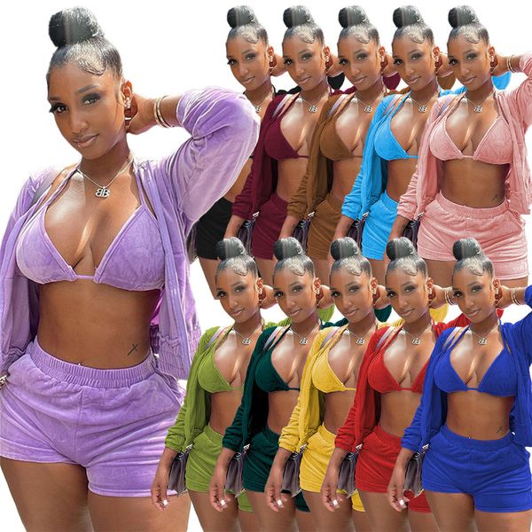 

2023 women tracksuits winter spring casual 3 piece sets long sleeve jacket shorts zipper jogging suit solid color outfits fashion hooded spo, Gray