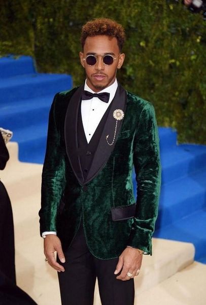 

fashion green velvet groom tuxedos black lapel groomsmen mens wedding dress popular man jacket blazer 3 piece suit jacket pants vest tie 136, Black;gray