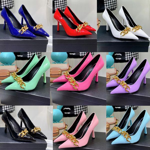 

2022 designer pointed toe super high heels sandals womens luxury 100% leather fashion party catwalk shoes ladys multicolor metal chain upper, Black