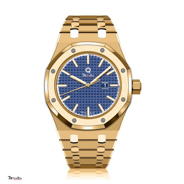 

men's luxury automatic mechanical watch requin royal gold stainless steel case 15500st oo blue mesh three-hand calendar oak b276v, Slivery;brown