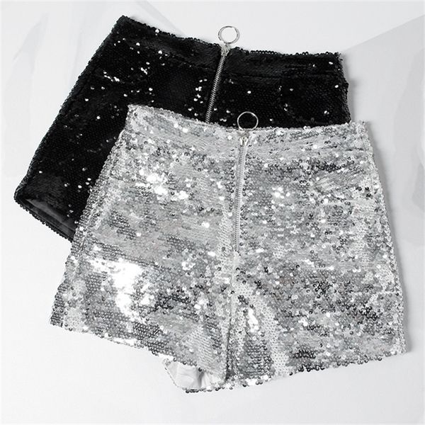 

bling women sequin shorts high waist o-ring zip bodycon feminino skinny party club festival raves pole dance 220308, White;black