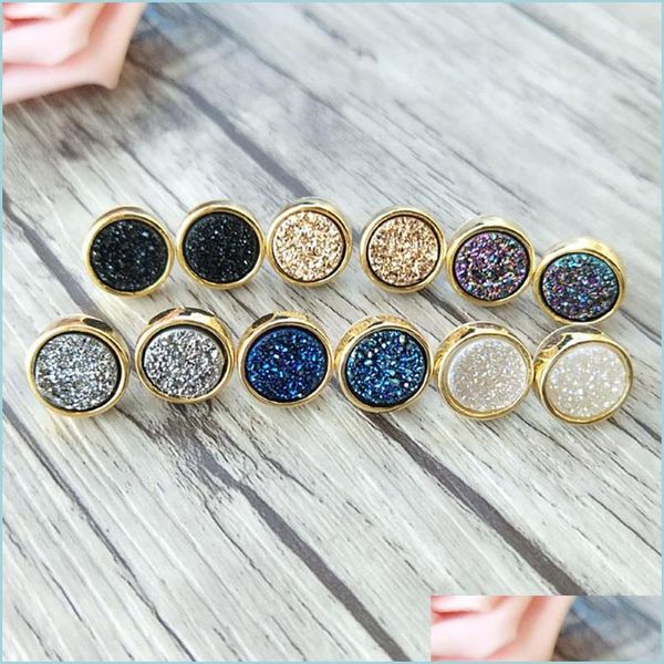 

stud 5 pairs 12mm round shape stone stud jewelry natural druse crystal titanium druzy gem earrings er344 drop delivery 2022 dh0zu, Golden;silver