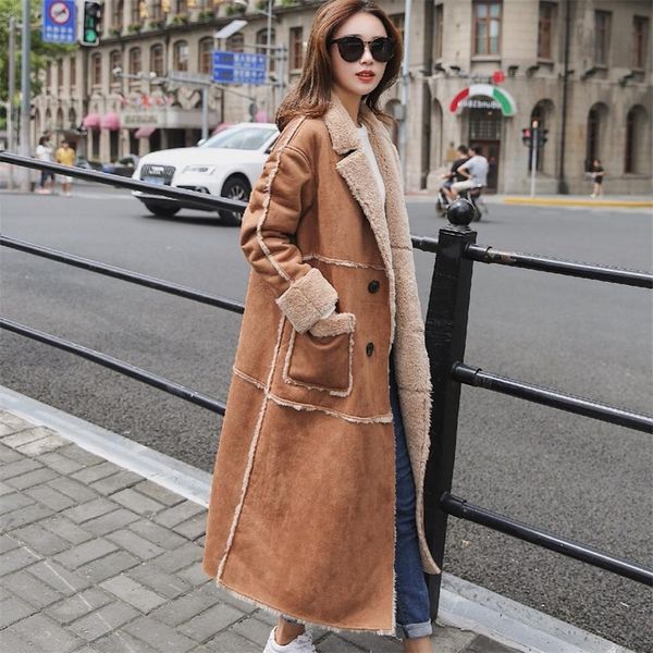 

zadorin autumn elegant women suede long faux fur coat loose casual double breasted trench coat fur jacket camel streetwear 201016, Black