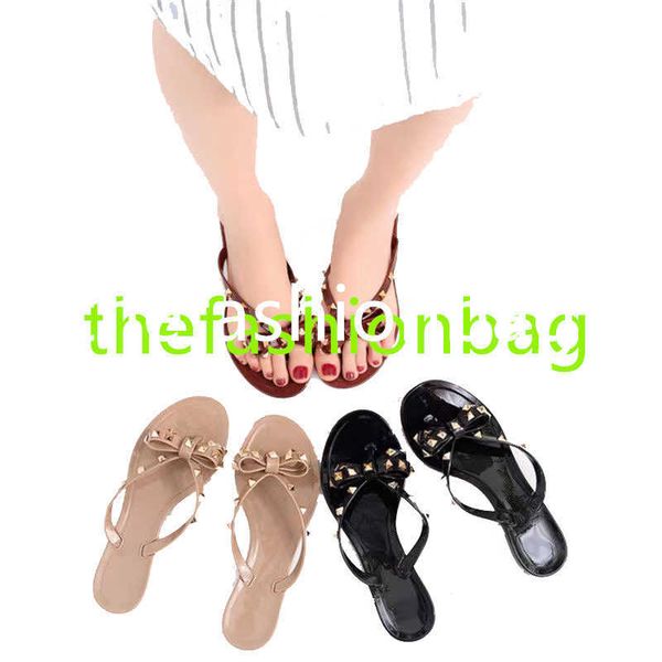 

luxury5a-ladies designer luxury sandals rivet brand bow flat rivet girls jelly platform slippers ladies flip-flops 35-41, Black