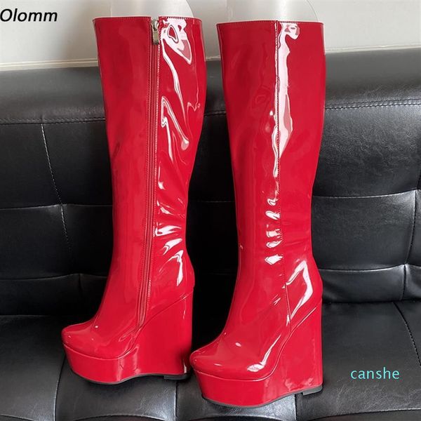 

rontic handmade women winter knee boots patent leather side zipper wedges heels round toe red black party shoes plus us size 5-20269v
