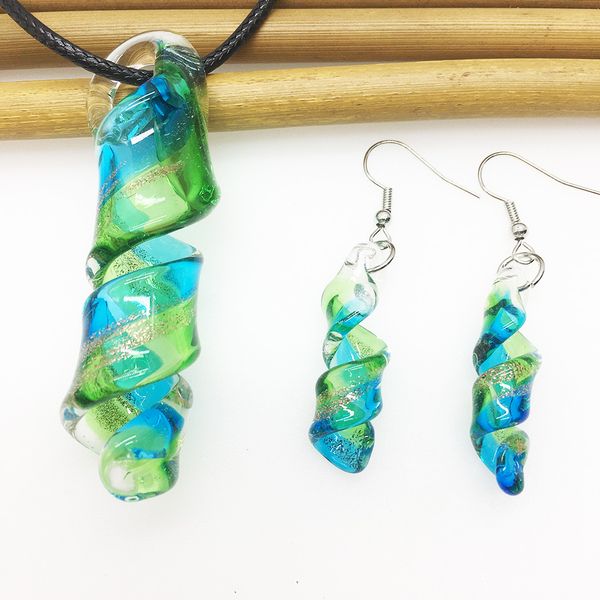 

chinese style retro green spiral pendant necklace earring suit for women colored glaze murano glass gold foil, Silver