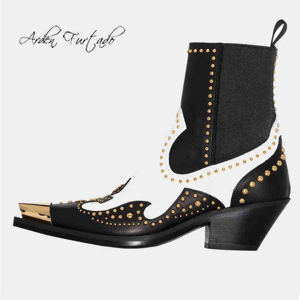

boots arden furtado 2022 spring autumn women short genuine leather metal pointed toe chunky heels fashion rivet women's 220906, Black