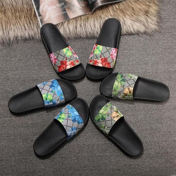 

men women sandals designer shoes luxury slide summer fashion wide flat slippery sandals slipper flip flop size 35-46 flower box240f, Black