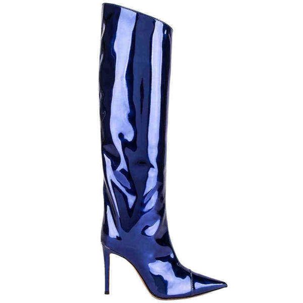

women boots new style catwalk autumn and winter high heel pointed end magic color patent leather knee length large size boot 07091011, Black