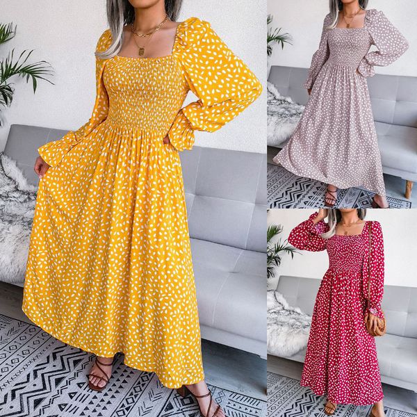 

autumn maxi dress women korea square neck long sleeve cotton blend robes designer dresses fold print pleated woman clothes, Black;gray