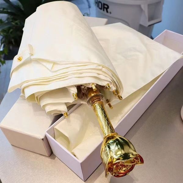 

Designer Fashion Umbrellas Gold Rose Handle White Umbrella with Box