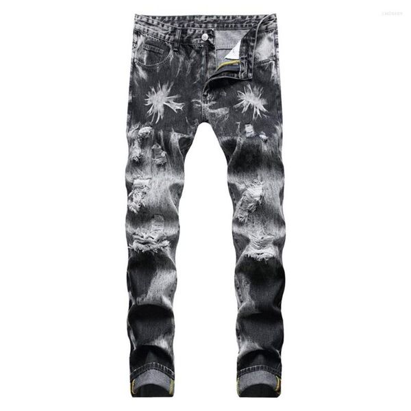 

men's jeans men's tie and dye gray black denim streetwear holes ripped destroyed washed pants straight trousers, Blue