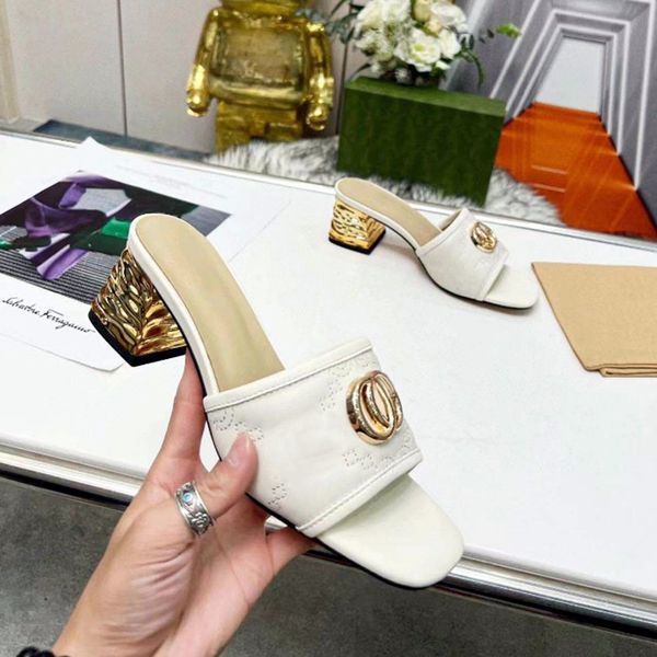 

new women's midheel slipper summer new designer leather office sandal buckle style shoes size 35-44 with box, Black