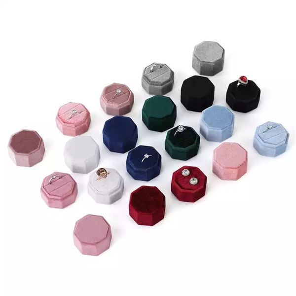

velvet jewelry box portable octagon double ring storage boxes wedding ring display case for girls women gift, Black;white
