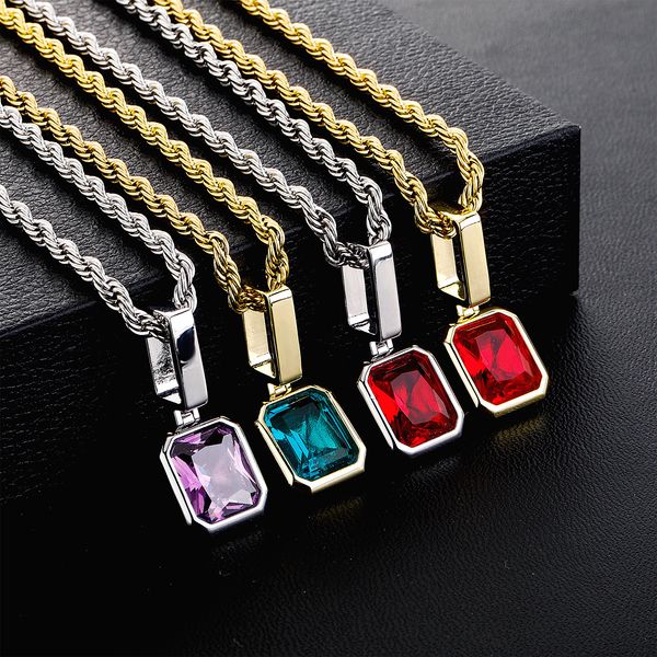 

yellow gold plated blue/red/purple bling ruby pendant necklace with 24inch rope chain for men women hip hop jewelry, Silver